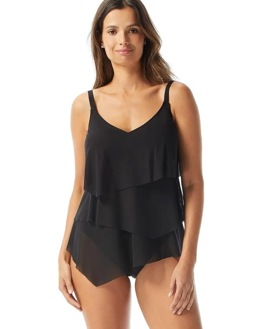 COCO REEF Classic Solid Bra Sized Tiered Mesh Tankini Cast Black Discount