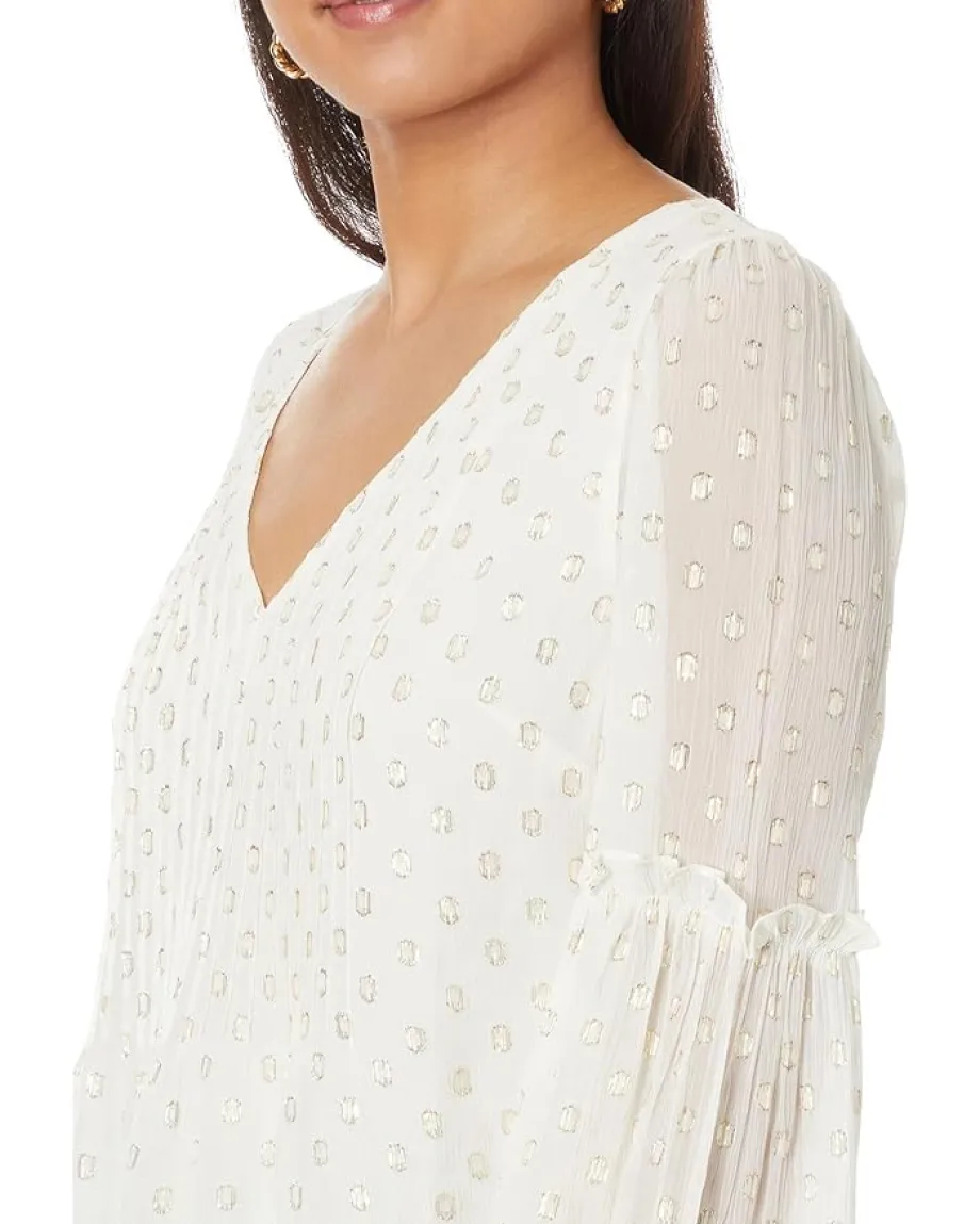 Lilly Pulitzer Cleme Long Sleeve Top Coconut Viscose Metallic Clip Dot Best