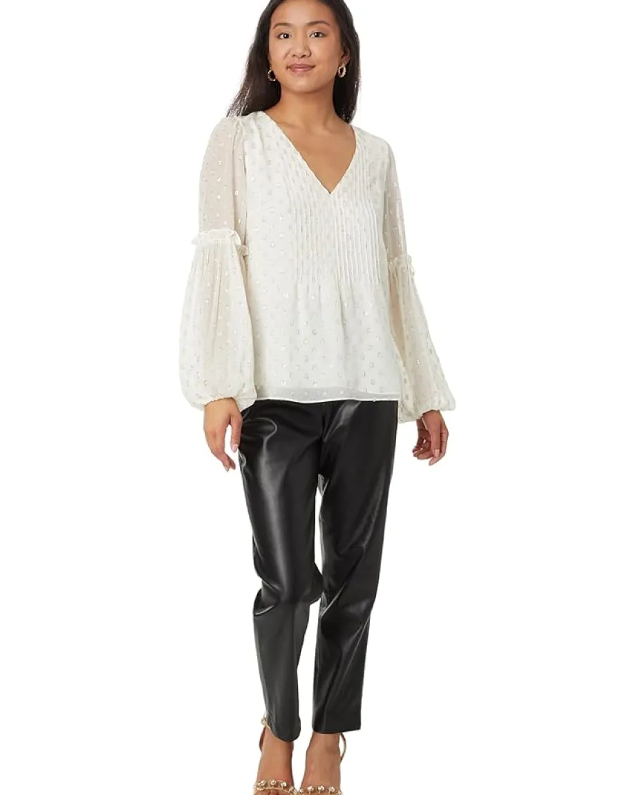 Lilly Pulitzer Cleme Long Sleeve Top Coconut Viscose Metallic Clip Dot Best