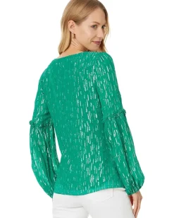 Lilly Pulitzer Cleme Long Sleeve Top Fiddle Leaf Green Mystical Viscose Metallic Clip New