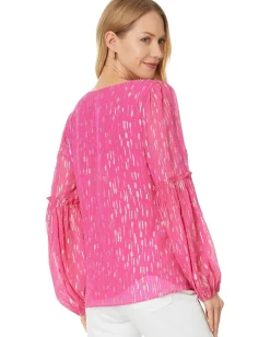 Lilly Pulitzer Cleme Long Sleeve Top Passion Fruit Pink Mystical Viscose Metallic Clip Hot