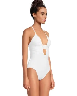 BECCA Colette Clare Crochet Flower Plunge One Piece White New