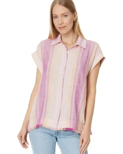 Liverpool Los Angeles Collared Camp Shirt with Hi-Low Hem and Fray Hem Lavender Multistripe Hot