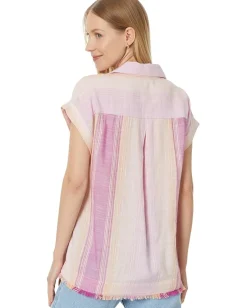 Liverpool Los Angeles Collared Camp Shirt with Hi-Low Hem and Fray Hem Lavender Multistripe Hot