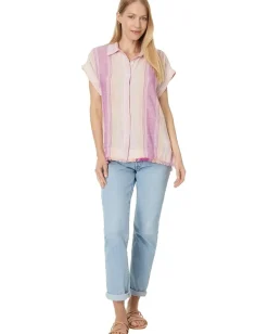 Liverpool Los Angeles Collared Camp Shirt with Hi-Low Hem and Fray Hem Lavender Multistripe Hot