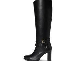 Lauren Ralph Lauren Collins Burnished Leather Tall Boots Heel Black Hot