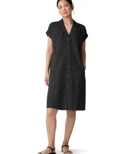 Eileen Fisher Cotton Blend Stripe Stitch Notch Collar Shirt Dress Black