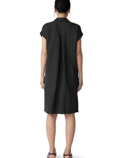 Eileen Fisher Cotton Blend Stripe Stitch Notch Collar Shirt Dress Black