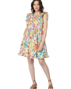 Women Maggy London Cotton Poplin Floral Print Ruffle Sleeve Dress
