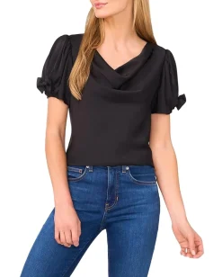 CeCe Cowl Neck Bubble Short Sleeve Top Rich Black New