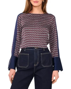 Vince Camuto Crew Neck Extended Shoulder Long Sleeve Blouse with Wide Cuff Classic Navy Hot