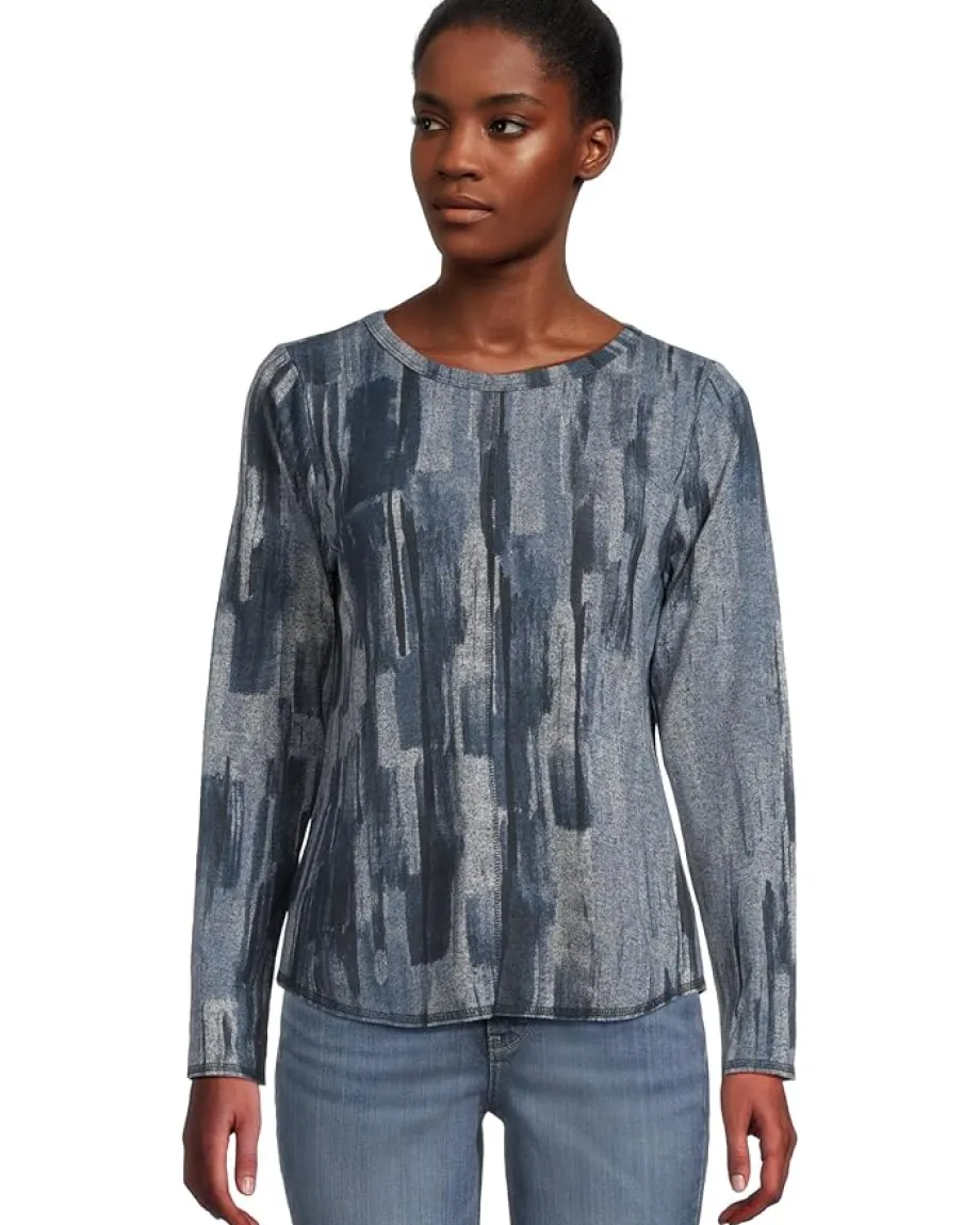 Elliott Lauren Crew Neck Long Sleeve Top with Overlok Stitching Blue Multi 1