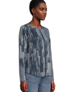 Elliott Lauren Crew Neck Long Sleeve Top with Overlok Stitching Blue Multi 1