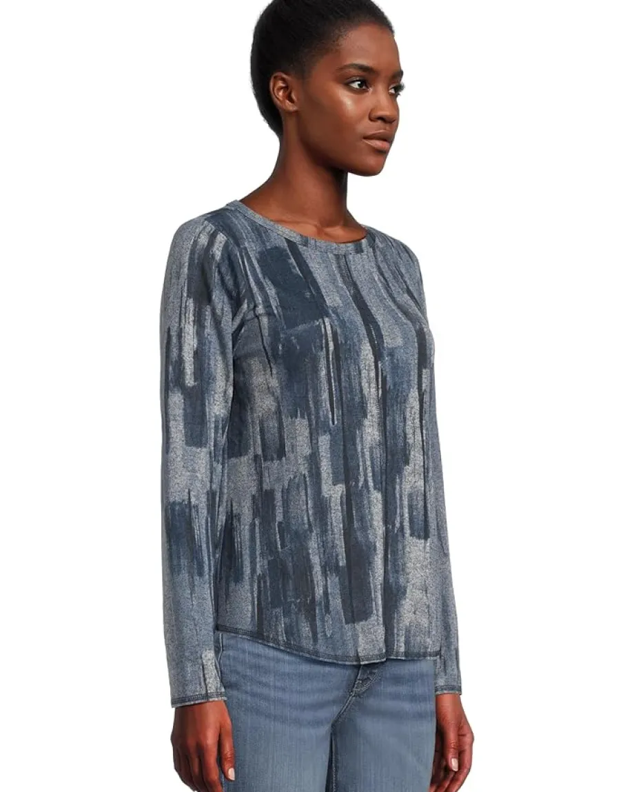 Elliott Lauren Crew Neck Long Sleeve Top with Overlok Stitching Blue Multi 1