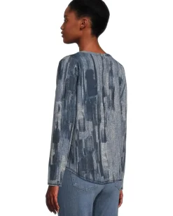 Elliott Lauren Crew Neck Long Sleeve Top with Overlok Stitching Blue Multi 1