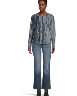 Elliott Lauren Crew Neck Long Sleeve Top with Overlok Stitching Blue Multi 1