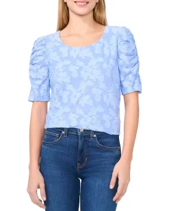 CeCe Crew Neck Ruched Elbow Sleeve Top Vista Blue Discount