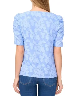 CeCe Crew Neck Ruched Elbow Sleeve Top Vista Blue Discount