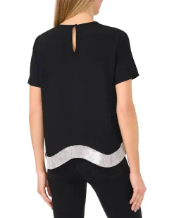 Women CeCe Crew Neck Top with Rhinstone Wavy Hem