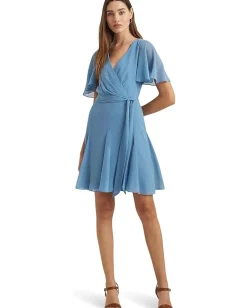 Lauren Ralph Lauren Crinkle Georgette Surplice Dress Pale Azure New