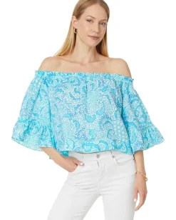 Lilly Pulitzer Croix Off-the-Shoulder Linen Top Resort White Goombay Grooves Discount