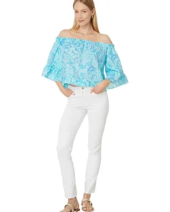 Lilly Pulitzer Croix Off-the-Shoulder Linen Top Resort White Goombay Grooves Discount