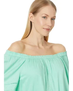Liverpool Los Angeles Cropped Bell Sleeve Woven Top with Lace Trim Mint New