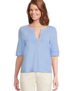 Lilla P Cuffed Sleeve Split Neck Malibu New