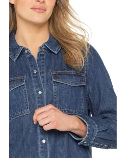 Women Liverpool Los Angeles Denim Button Down Long Sleeve Shirt With Pockets