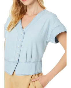 Women Madewell Denim Pleated Short-Sleeve Top in
