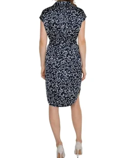 Liverpool Los Angeles Dolman Sleeve Button Front Dress Stretch Satin Navy Multi Hot