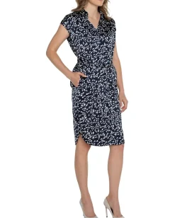 Liverpool Los Angeles Dolman Sleeve Button Front Dress Stretch Satin Navy Multi Hot