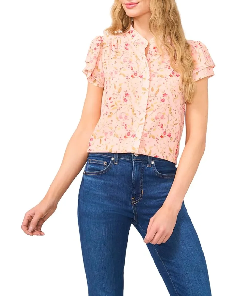 Women CeCe Double Flutter Short Sleeves Hidden Placket Blouse