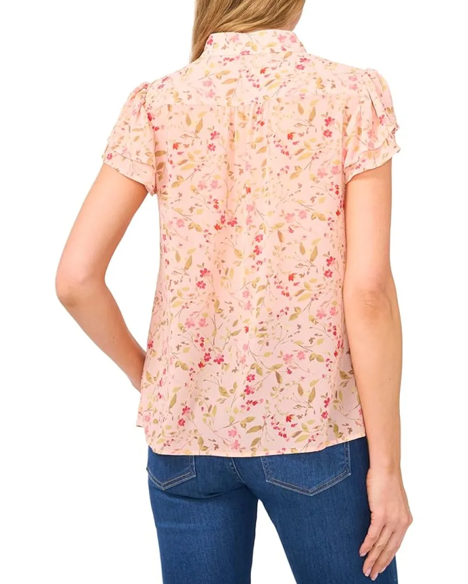 Women CeCe Double Flutter Short Sleeves Hidden Placket Blouse