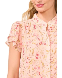 Women CeCe Double Flutter Short Sleeves Hidden Placket Blouse