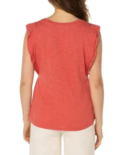 Women Liverpool Los Angeles Double Layer Flutter Sleeve Slub Knit Top