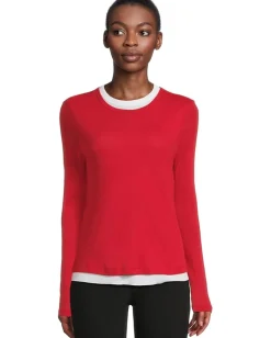 Elliott Lauren Double Layer Long Sleeve, Crew Neck- Knit Top Red Discount