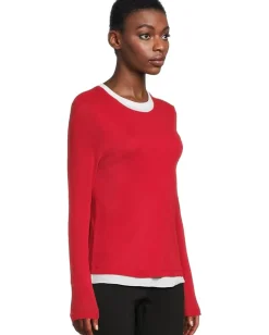 Elliott Lauren Double Layer Long Sleeve, Crew Neck- Knit Top Red Discount