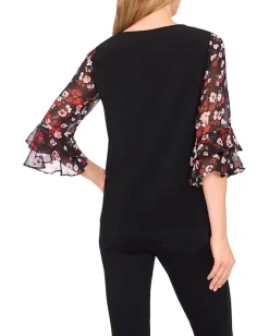 Women CeCe Double Ruffle Mixed Media Knit Top