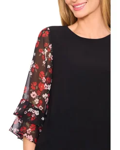 Women CeCe Double Ruffle Mixed Media Knit Top