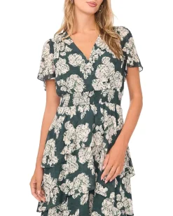 Vince Camuto Elbow Sleeve Smocked Waist Tiered Maxi Dress Forest Night Discount