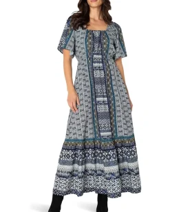 Women Liverpool Los Angeles Elbow Sleeve Square Neck Woven Maxi Dress With Pockets