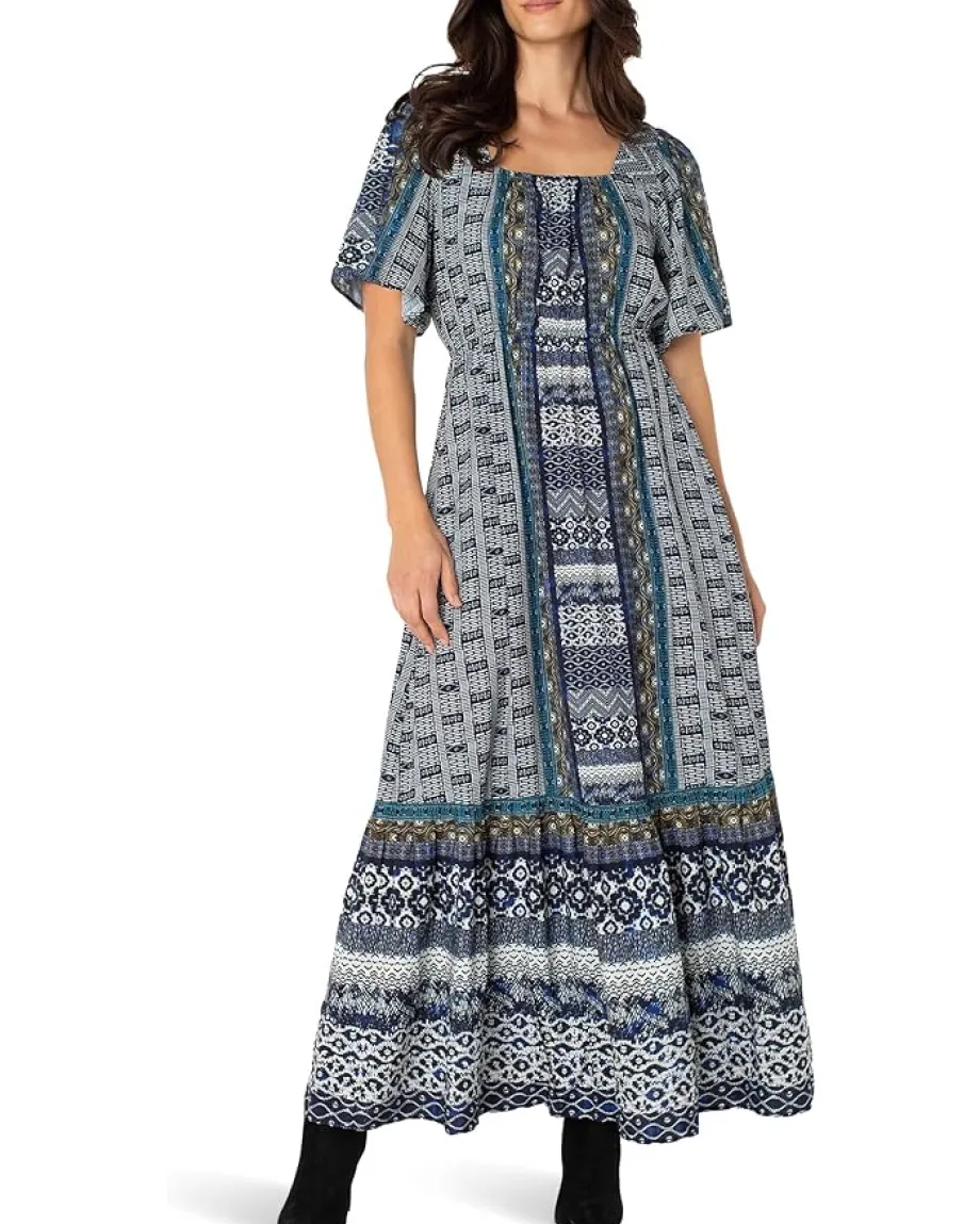 Women Liverpool Los Angeles Elbow Sleeve Square Neck Woven Maxi Dress With Pockets