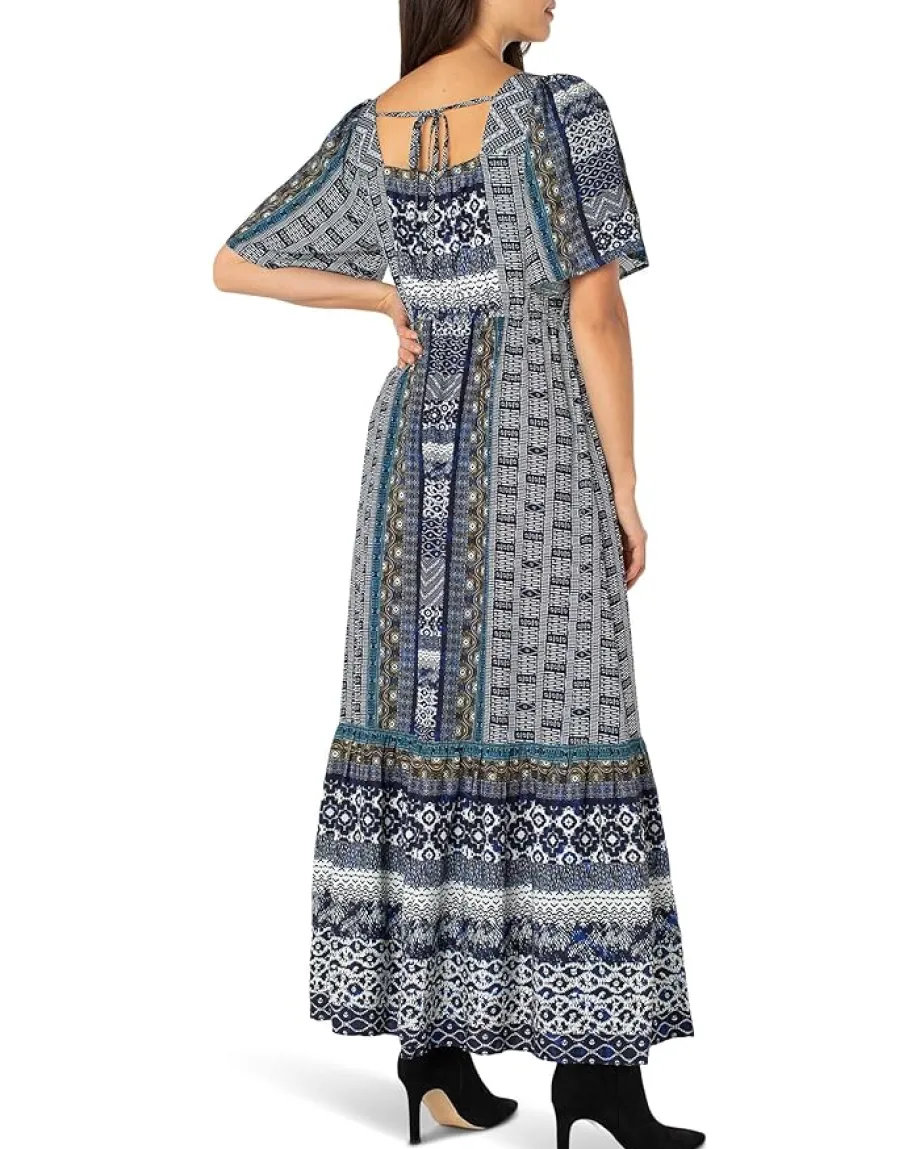 Women Liverpool Los Angeles Elbow Sleeve Square Neck Woven Maxi Dress With Pockets