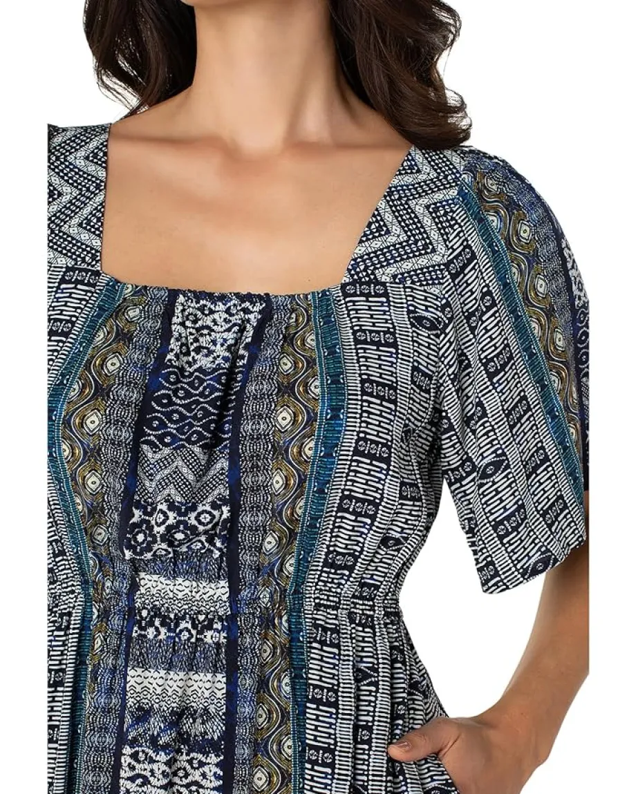 Women Liverpool Los Angeles Elbow Sleeve Square Neck Woven Maxi Dress With Pockets