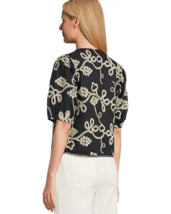 CeCe Embrodiery Short Sleeve Open Tie Front Top Night Shade Online