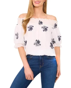 CeCe Embroidery Off The Shoulder Blouse Ultra White Discount
