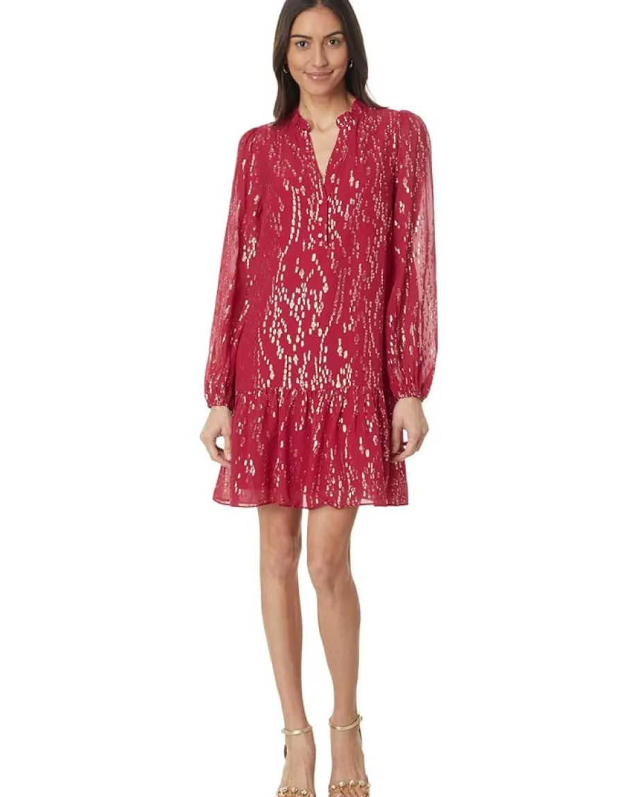 Lilly Pulitzer Evaline Silk Dress Malbec Red Fish Clip Chiffon