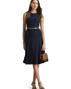 Women Lauren Ralph Lauren Faux-Leather-Trim Georgette Dress