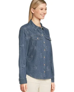 Tommy Bahama Flora Embroidered Denim Long Sleeve Shirt Dark Medium Wash Outlet